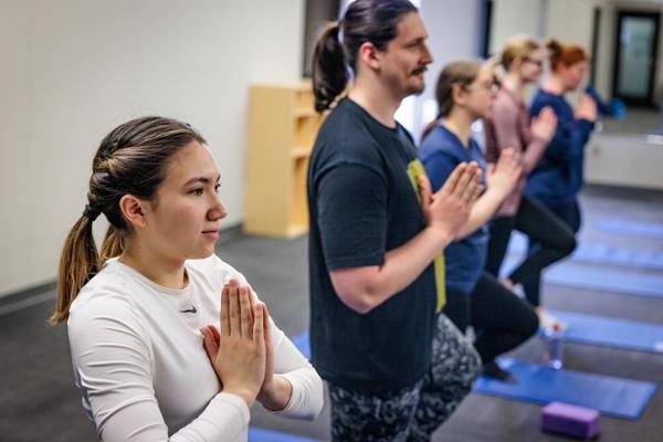 Students in a line seen in profile doing yoga